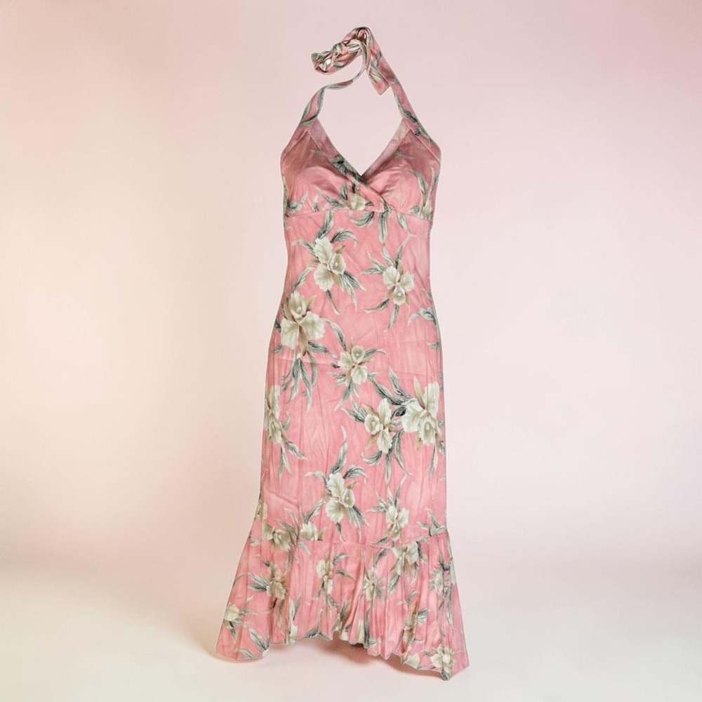 Two Palms Y2K Hawaiian Halter Midi Dress Flowy Pink Orchid Tropical Resortcore L
